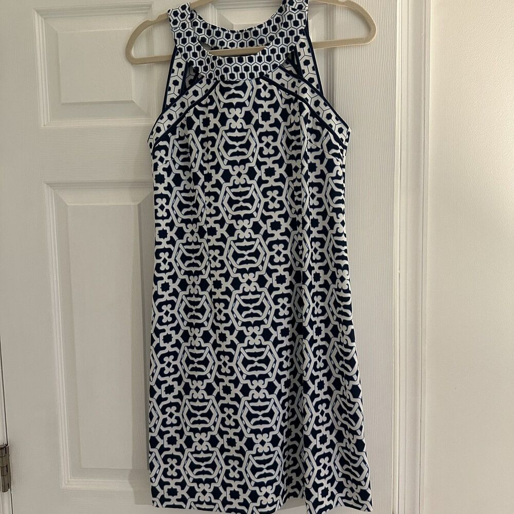 Gretchen Scott Jersey Isosceles Rio Gio Dress Size S Navy Blue White Mini nwot